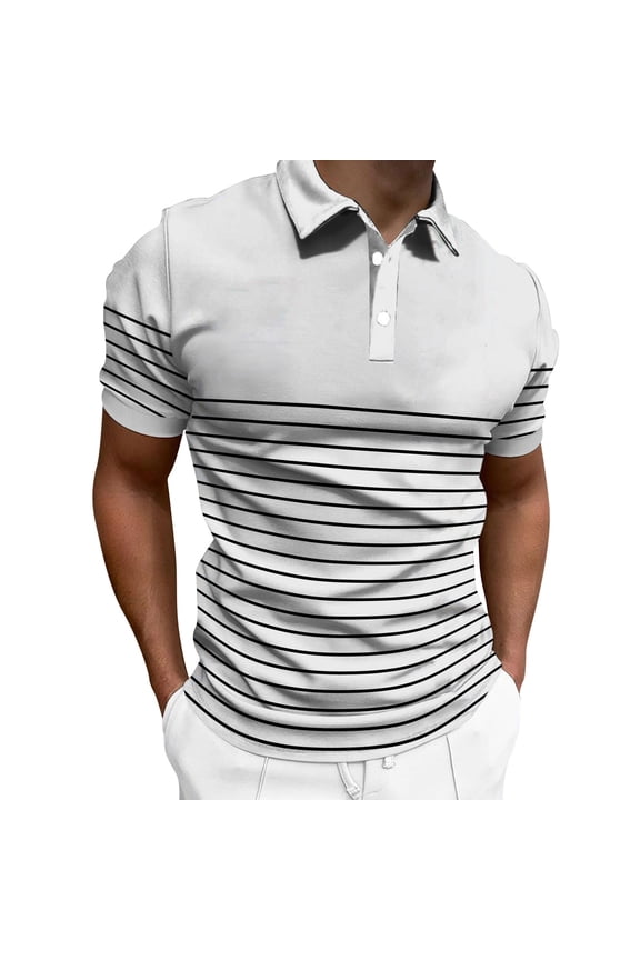 Men's Knit Polo Shirts Short Sleeve Striped Polo Shirt Fashion Casual Golf Shirts(White,M)