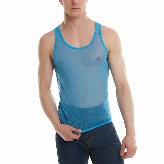 Ierhent Men's Mesh Fishnet Muscle Top See Through Shirts Fitted Crew Neck Tee Clubwear(,L)