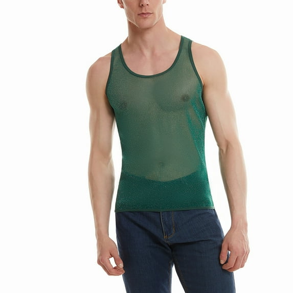Ierhent Men's Mesh Fishnet Muscle Top See Through Shirts Fitted Crew Neck Tee Clubwear(,M)