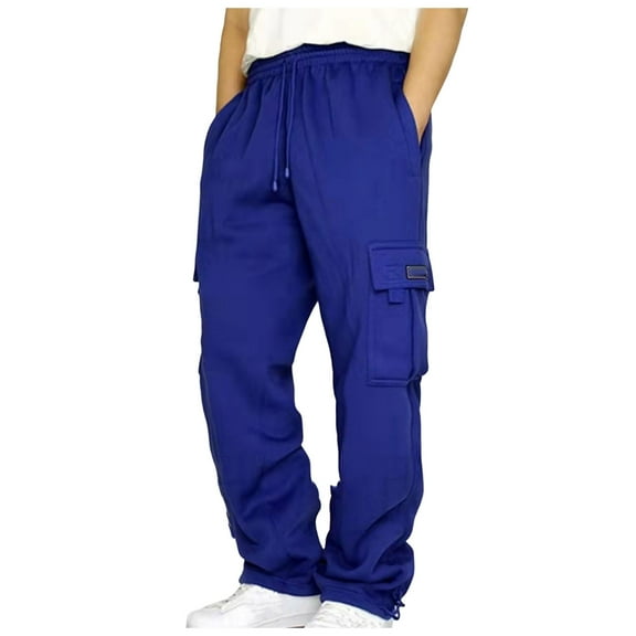 Ierhent Mens Heavyweight Fleece Cargo Sweatpants Baggy Drawstring Elastic Waist Pockets Loose Fit Jogger Athletic Sweat Pants(Blue,S)
