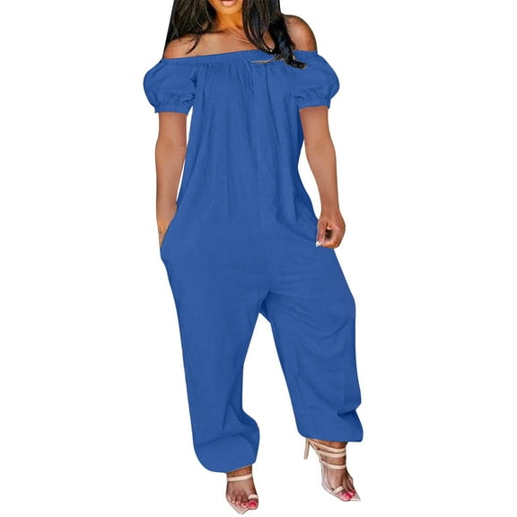 Ierhent Plus Size Jumpsuits Women's Loose Solid Off Shoulder Elastic Waist Stretchy Long Romper Jumpsuit(Blue,L)