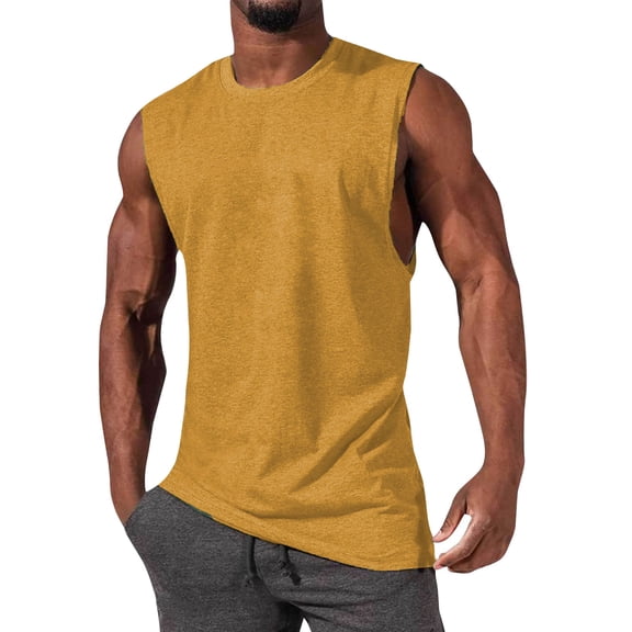 Ierhent Vest for Men Outerwear Men's Spring And Summer Leisure Sports Fitness Stitching Stripe Color Print Sleeveless T Shirt Vest Yellow,M