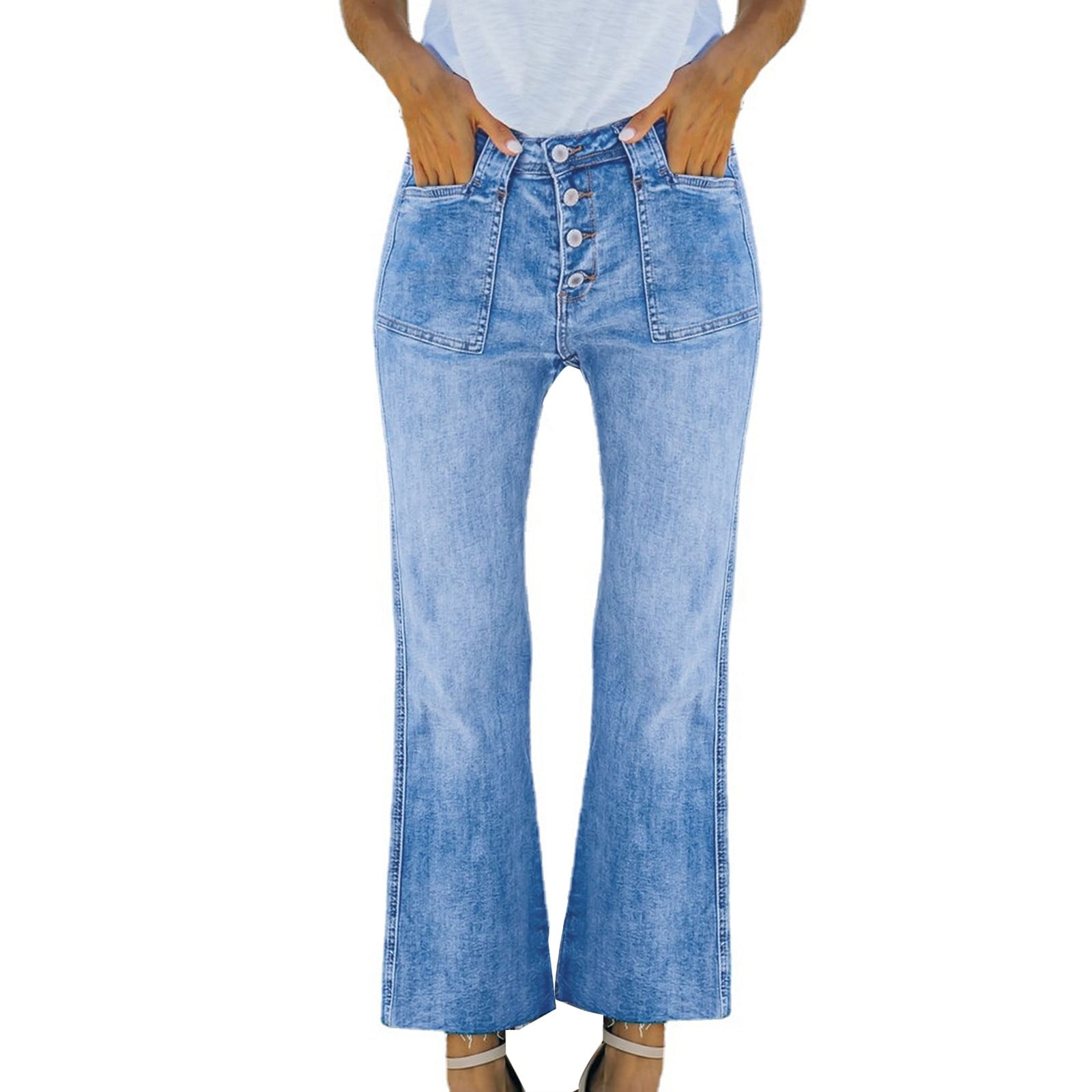Women's Pants Trousers Jeans Bell Bottom Denim Blue Mid Waist Basic Trousers
