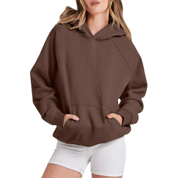 Ierhent Women Solid Basic Fleece Letter Loose Hoodie Sweatshirt Long Sleeve Kangaroo Pocket Drop Shoulder Pullovers Top(Coffee,S)