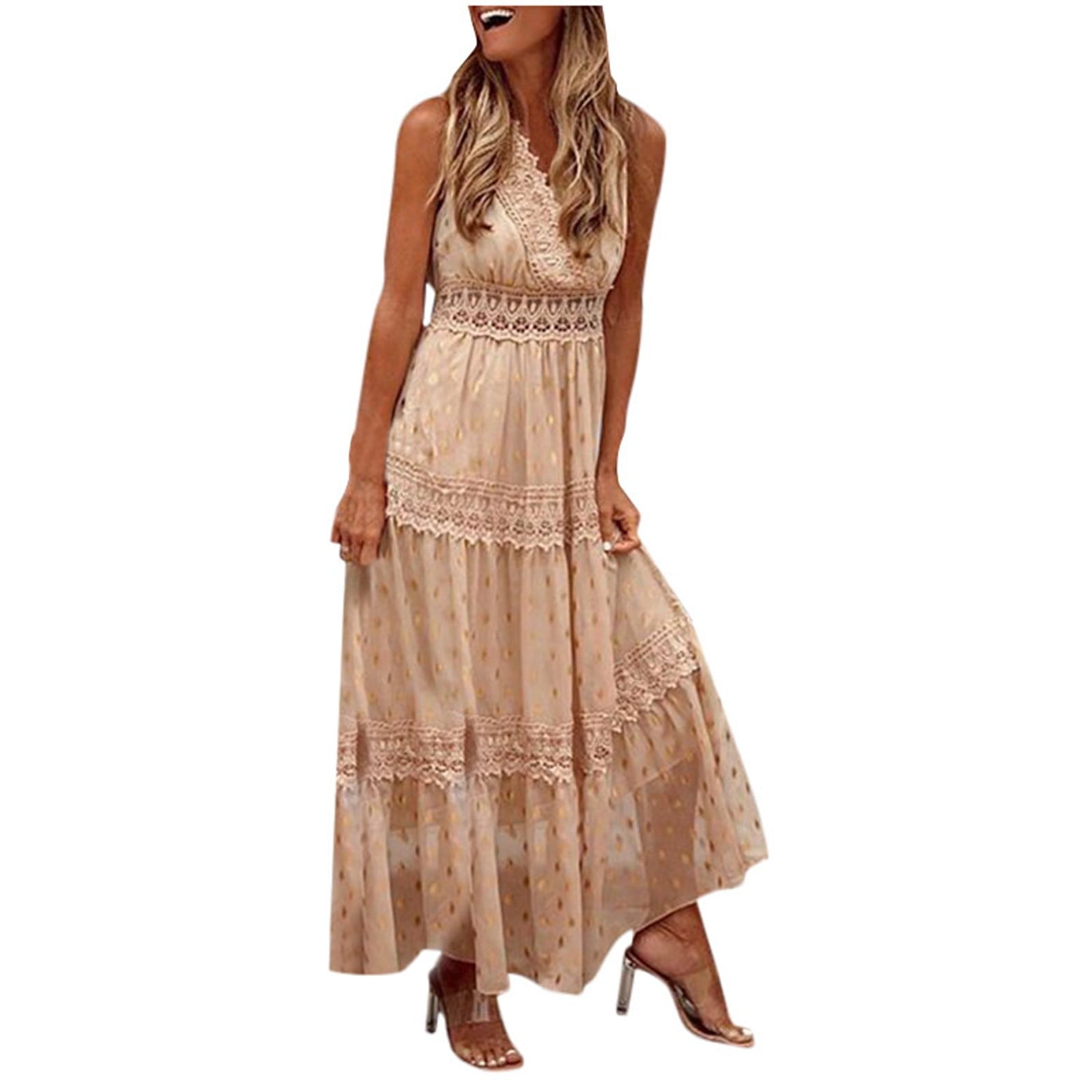 Ierhent Women's Casual Dresses Women's Floral Summer Short Dress Square Neck Short Sleeve Tiered Ruffle Boho Swing Dresses(Beige,M)