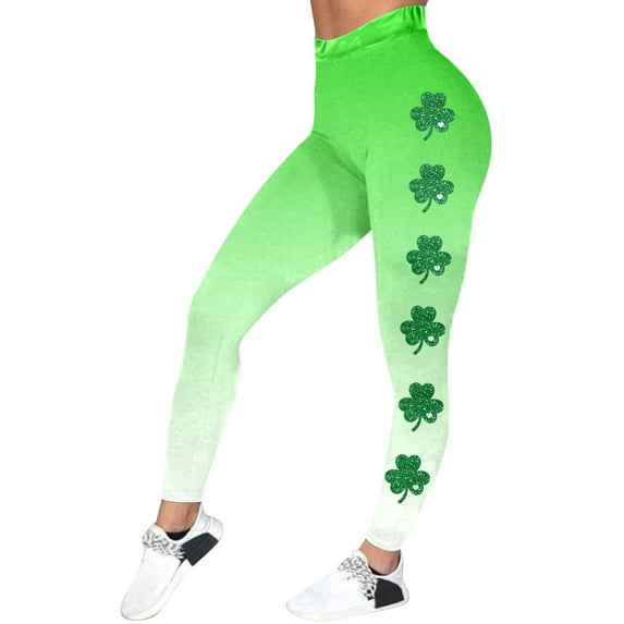 Ierhent Women's Leggings Women Tummy Control St. Patrick's Day Leggings High Waisted Yoga Pants Clover Leaves Soft Tights Workout Yoga Pants Green,L