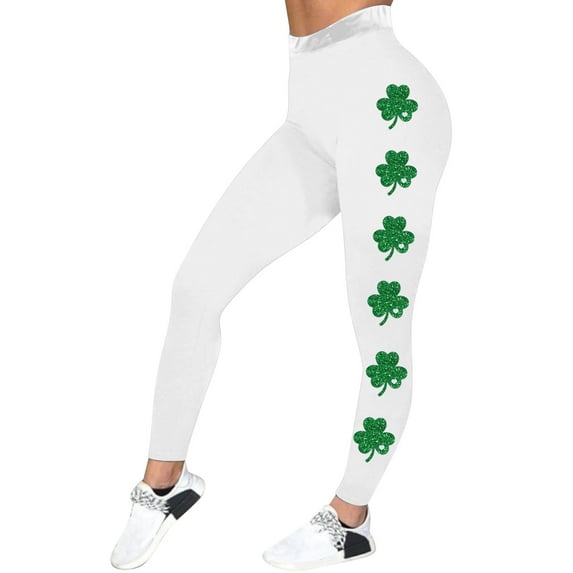 Ierhent Womens Leggings Plus Size Women Tummy Control St. Patrick's Day Leggings High Waisted Yoga Pants Clover Leaves Soft Tights Workout Yoga Pants White,M