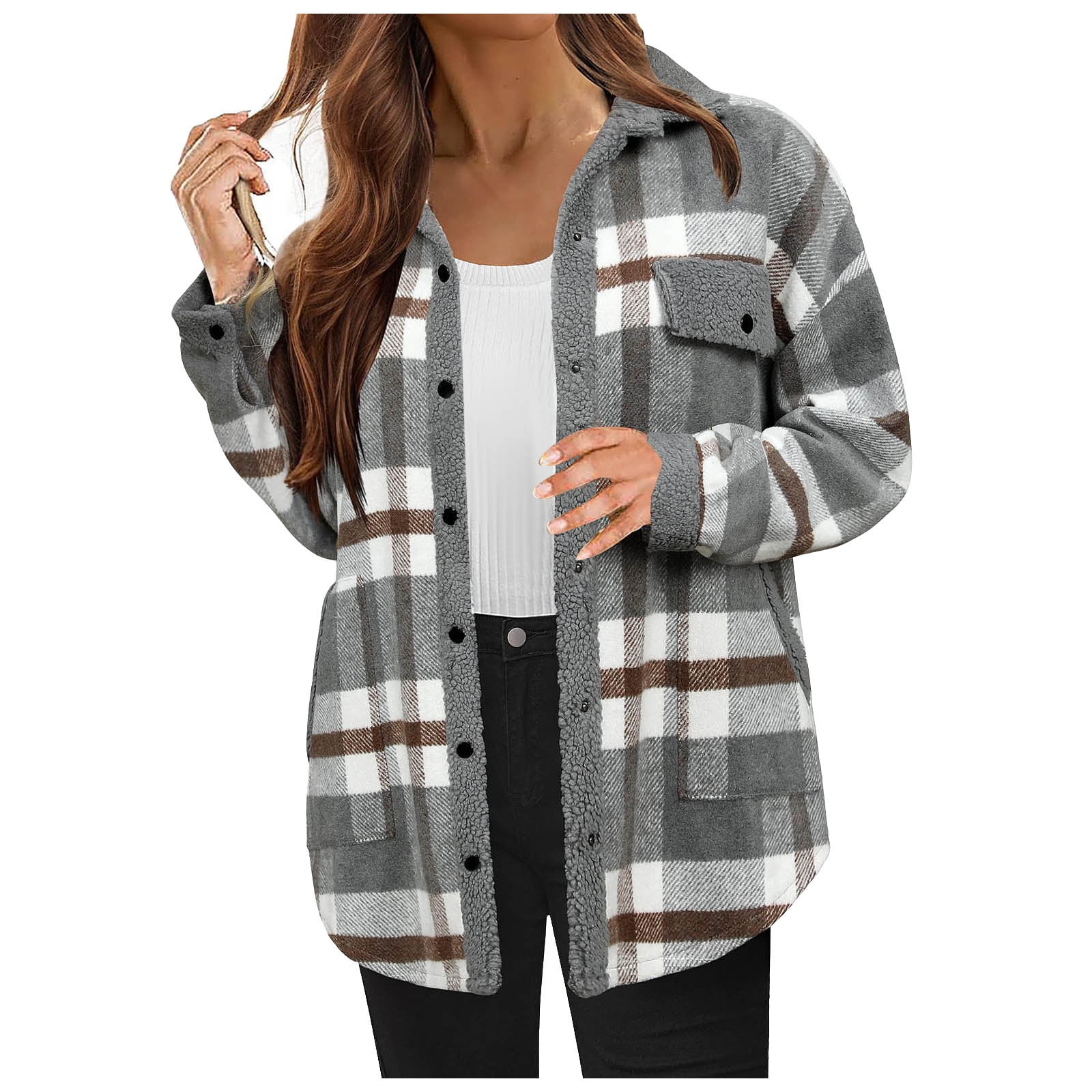 Ierhent Womens Plaid Sherpa Lined Jacket Winter Button Up Flannel - Main Image