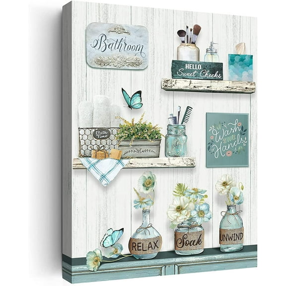 Ieskayiz Rustic Teal Flower and Butterfly Soak Relax Unwind 12" x 16" Framed Canvas Art Prints