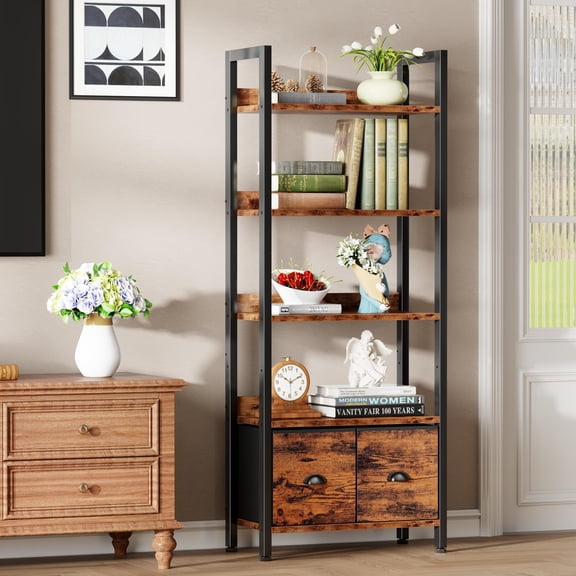 Iezza 5 Tier Rustic Brown Industrial Bookcase, Tall Storage Organizer with Detachable Drawers, Waterproof & Easy Clean Shelving for Bedroom, Kitchen, Entryway