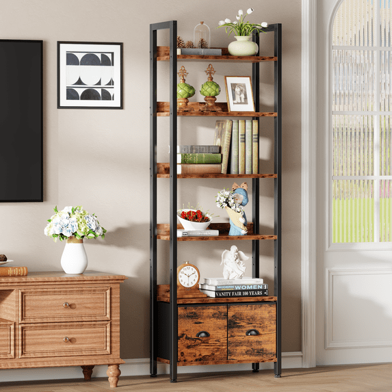 Iezza 6 Tier Rustic Brown Freestanding Bookcase, Large Capacity Organizer with Removable Drawers, Easy Clean for Kitchen, Balcony