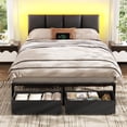 thumbnail image 1 of Satifur Full Size Upholstered Headboard Metal Bed Frame with LED Lights, 2 Drawers, Charging Station, Black leather, 1 of 9