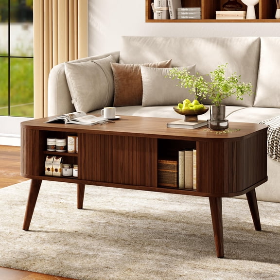 Iezza Oblong Walnut Coffee Table with Sliding Tambour Doors, 39.37" Mid-Century Modern Oval Coffee Table with Double-Layer Storage Shelves for Living Room Home Office Apartment
