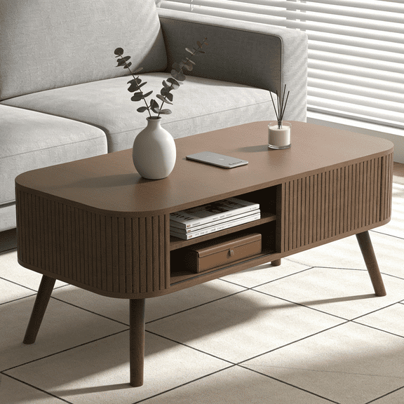Iezza Oblong Walnut Coffee Table with Sliding Tambour Doors, 39.37" Mid-Century Modern Oval Coffee Table with Double-Layer Storage Shelves for Living Room Home Office Apartment