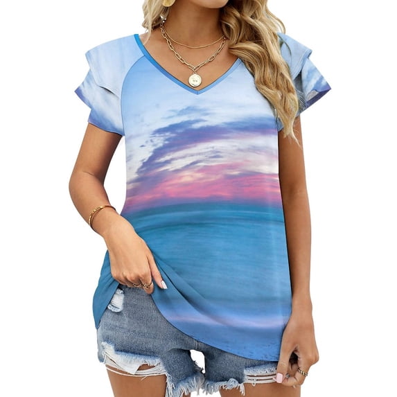 If By Sea-Sunset On The Beach Near Destin Florida Lotus Leaf Neck T-Shirt Long Sleeve Printed Fall T Shirts Women Spring Tee