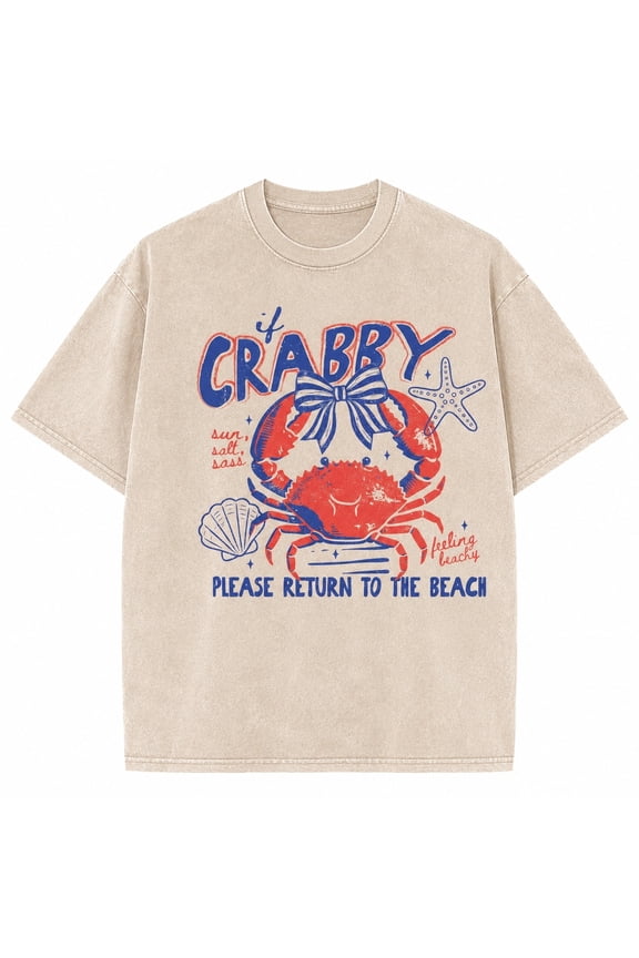 If Crabby Please Return To The Beach Mineral Wash T-Shirt, Funny Crab Beach Graphic Tee, Retro Coastal Summer Shirt, Beach Lover Gift