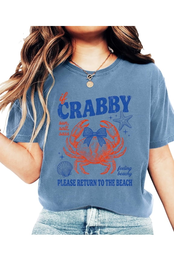 If Crabby Please Return to the Beach Shirt Funny Coastal Vacation Tee Coquette Bow Crab Graphic Blue Jean Large