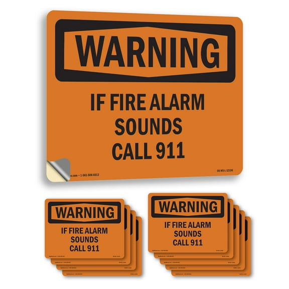 If Fire Alarm Sounds Call 911 OSHA WARNING Vinyl Decal Label 7 Inch x 5 Inch - 10 Pack