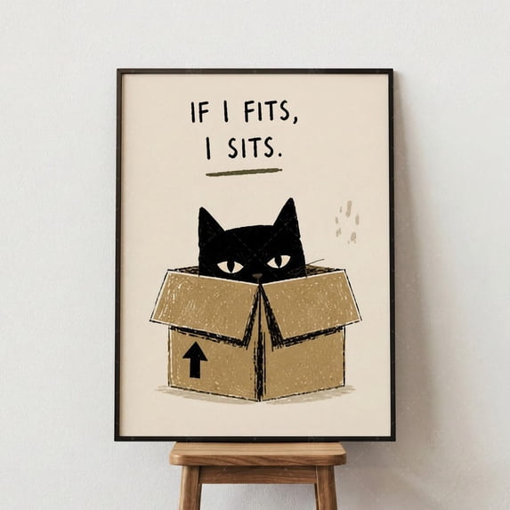 If I Fits I Sits Black Cat Wall Art Print, Kitten In Box Home Decor ...