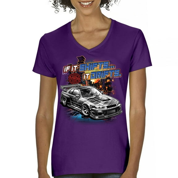 If It Shifts It Drifts Women's V-Neck T-shirt Racing Custom Culture Classic Japanese Car Drift Cars Driver Subculture Tee