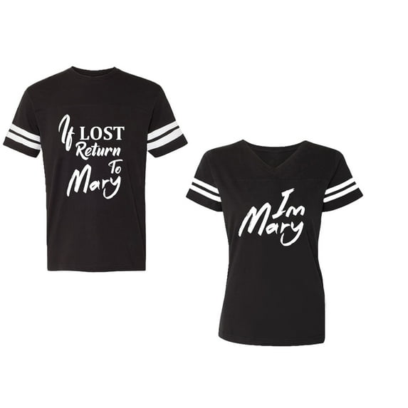If Lost Return To Mary I am Mary Unisex Couple Matching Cotton Jersey style T-Shirt Contrasting stripes on sleeves (Men Black / Women Black) (Men L / Women XXL)