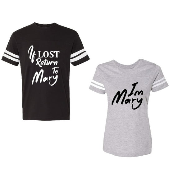 If Lost Return To Mary I am Mary Unisex Couple Matching Cotton Jersey style T-Shirt Contrasting stripes on sleeves (Men Black / Women Heather) (Men L / Women XL)
