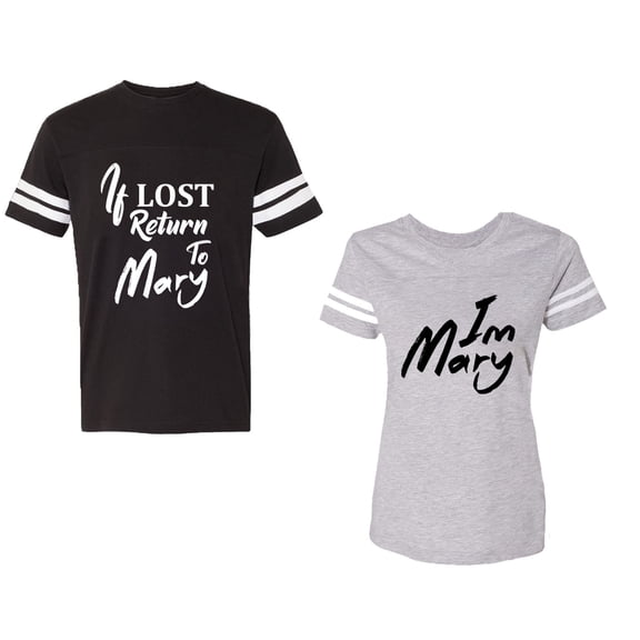 If Lost Return To Mary I am Mary Unisex Couple Matching Cotton Jersey style T-Shirt Contrasting stripes on sleeves (Men Black / Women Heather) (Men M / Women M)