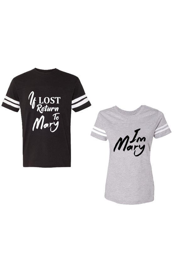 If Lost Return To Mary I am Mary Unisex Couple Matching Cotton Jersey style T-Shirt Contrasting stripes on sleeves (Men Black / Women Heather) (Men M / Women M)