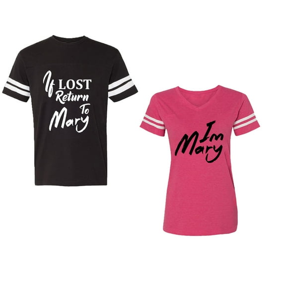 If Lost Return To Mary I am Mary Unisex Couple Matching Cotton Jersey style T-Shirt Contrasting stripes on sleeves (Men Black / Women Pink) (Men XXL / Women L)