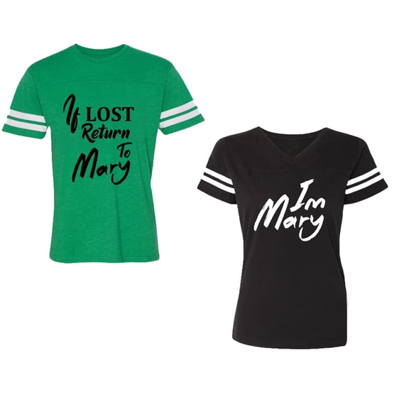 If Lost Return To Mary I am Mary Unisex Couple Matching Cotton Jersey style T-Shirt Contrasting stripes on sleeves (Men Green / Women Black) (Men S / Women S)