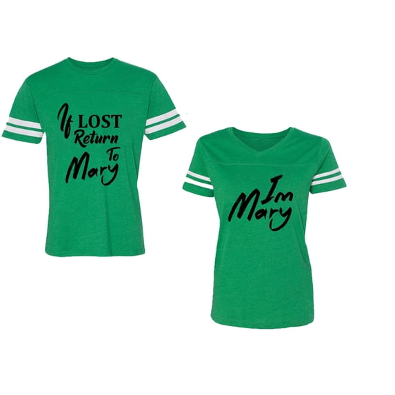 If Lost Return To Mary I am Mary Unisex Couple Matching Cotton Jersey style T-Shirt Contrasting stripes on sleeves (Men Green / Women Green) (Men XL / Women L)