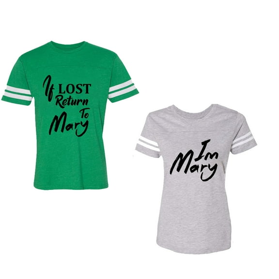 If Lost Return To Mary I am Mary Unisex Couple Matching Cotton Jersey style T-Shirt Contrasting stripes on sleeves (Men Green / Women Heather) (Men S / Women S)