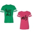 thumbnail image 1 of If Lost Return To Mary I am Mary Unisex Couple Matching Cotton Jersey style T-Shirt Contrasting stripes on sleeves (Men Green / Women Pink) (Men M / Women S), 1 of 3