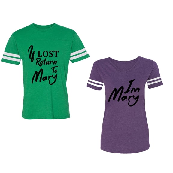 If Lost Return To Mary I am Mary Unisex Couple Matching Cotton Jersey style T-Shirt Contrasting stripes on sleeves (Men Green / Women Purple) (Men M / Women L)