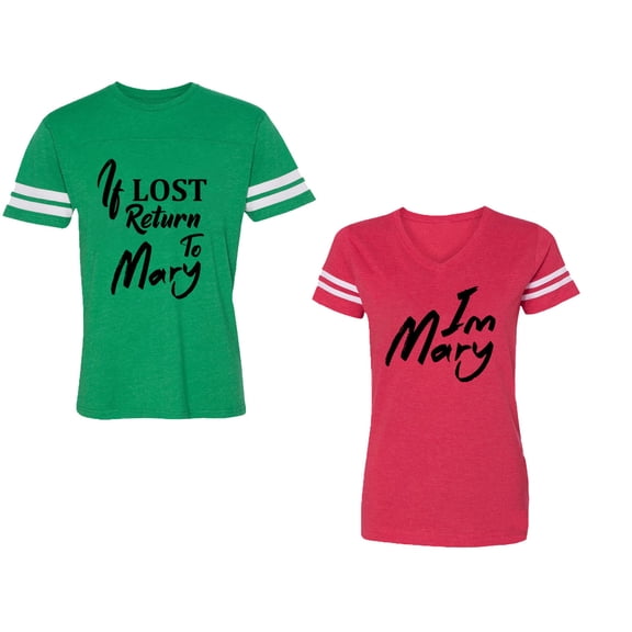 If Lost Return To Mary I am Mary Unisex Couple Matching Cotton Jersey style T-Shirt Contrasting stripes on sleeves (Men Green / Women Red) (Men XL / Women XXL)