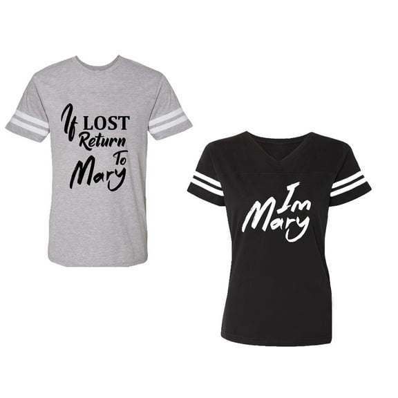 If Lost Return To Mary I am Mary Unisex Couple Matching Cotton Jersey style T-Shirt Contrasting stripes on sleeves (Men Heather / Women Black) (Men S / Women S)