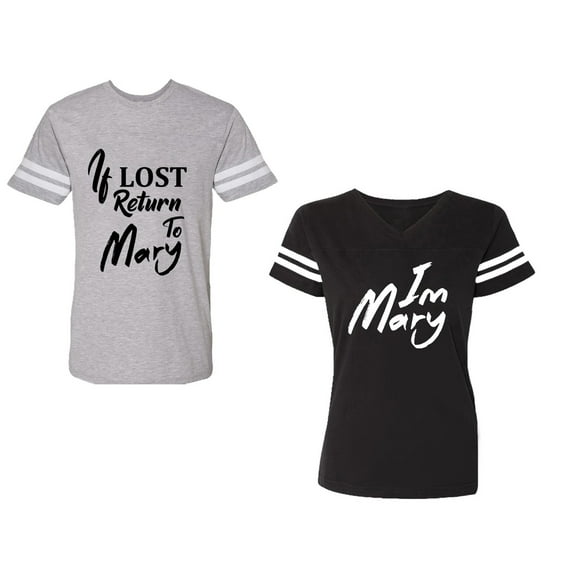 If Lost Return To Mary I am Mary Unisex Couple Matching Cotton Jersey style T-Shirt Contrasting stripes on sleeves (Men Heather / Women Black) (Men S / Women XL)