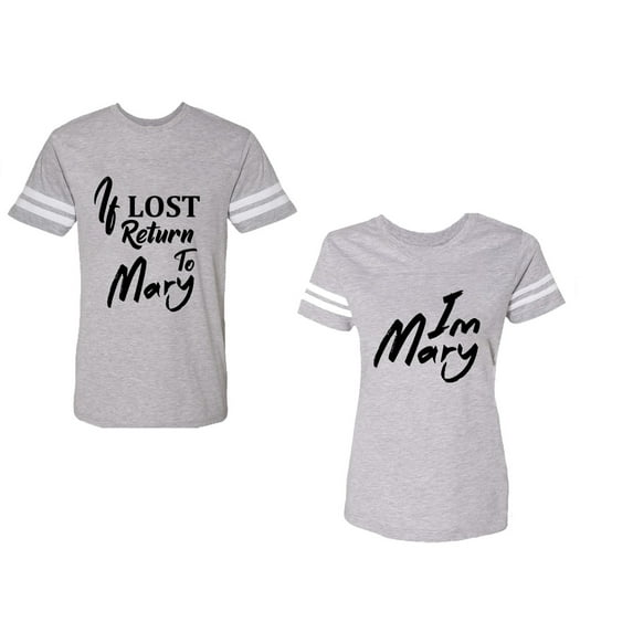 If Lost Return To Mary I am Mary Unisex Couple Matching Cotton Jersey style T-Shirt Contrasting stripes on sleeves (Men Heather / Women Heather) (Men L / Women XXL)
