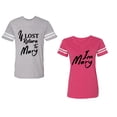 thumbnail image 1 of If Lost Return To Mary I am Mary Unisex Couple Matching Cotton Jersey style T-Shirt Contrasting stripes on sleeves (Men Heather / Women Pink) (Men XL / Women L), 1 of 3