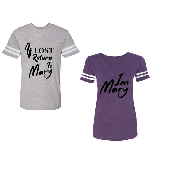 If Lost Return To Mary I am Mary Unisex Couple Matching Cotton Jersey style T-Shirt Contrasting stripes on sleeves (Men Heather / Women Purple) (Men M / Women XL)
