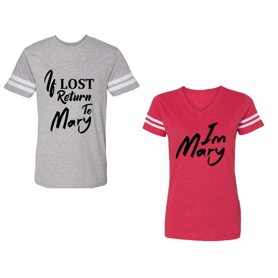 If Lost Return To Mary I am Mary Unisex Couple Matching Cotton Jersey style T-Shirt Contrasting stripes on sleeves (Men Heather / Women Red) (Men XL / Women XL)