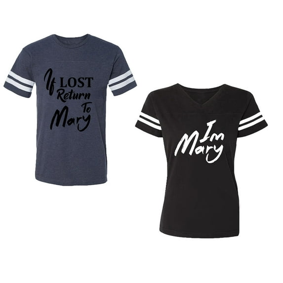 If Lost Return To Mary I am Mary Unisex Couple Matching Cotton Jersey style T-Shirt Contrasting stripes on sleeves (Men Navy / Women Black) (Men L / Women XXL)