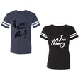 thumbnail image 1 of If Lost Return To Mary I am Mary Unisex Couple Matching Cotton Jersey style T-Shirt Contrasting stripes on sleeves (Men Navy / Women Black) (Men XL / Women M), 1 of 3