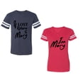 thumbnail image 1 of If Lost Return To Mary I am Mary Unisex Couple Matching Cotton Jersey style T-Shirt Contrasting stripes on sleeves (Men Navy / Women Red) (Men XL / Women L), 1 of 3