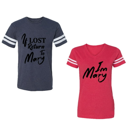 If Lost Return To Mary I am Mary Unisex Couple Matching Cotton Jersey style T-Shirt Contrasting stripes on sleeves (Men Navy / Women Red) (Men XXXL / Women XXL)