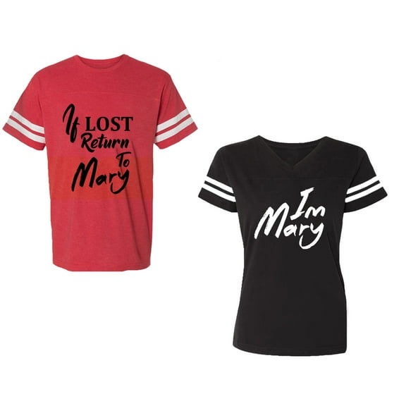 If Lost Return To Mary I am Mary Unisex Couple Matching Cotton Jersey style T-Shirt Contrasting stripes on sleeves (Men Red / Women Black) (Men S / Women S)