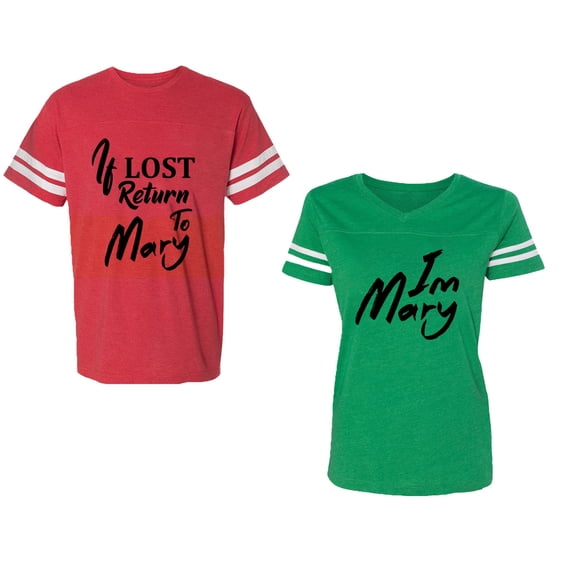 If Lost Return To Mary I am Mary Unisex Couple Matching Cotton Jersey style T-Shirt Contrasting stripes on sleeves (Men Red / Women Green) (Men L / Women XL)