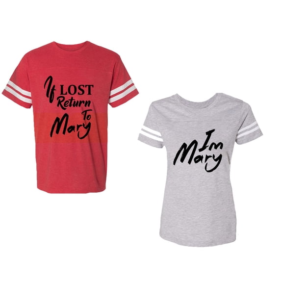If Lost Return To Mary I am Mary Unisex Couple Matching Cotton Jersey style T-Shirt Contrasting stripes on sleeves (Men Red / Women Heather) (Men S / Women L)
