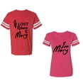 thumbnail image 1 of If Lost Return To Mary I am Mary Unisex Couple Matching Cotton Jersey style T-Shirt Contrasting stripes on sleeves (Men Red / Women Pink) (Men XL / Women S), 1 of 3
