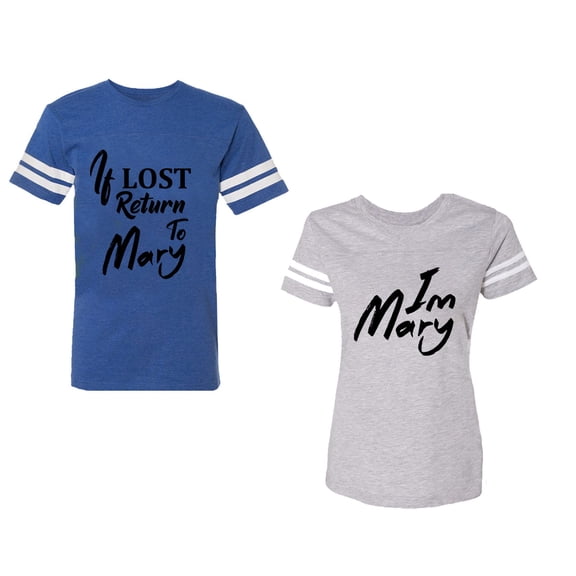 If Lost Return To Mary I am Mary Unisex Couple Matching Cotton Jersey style T-Shirt Contrasting stripes on sleeves (Men Royal / Women Heather) (Men M / Women L)